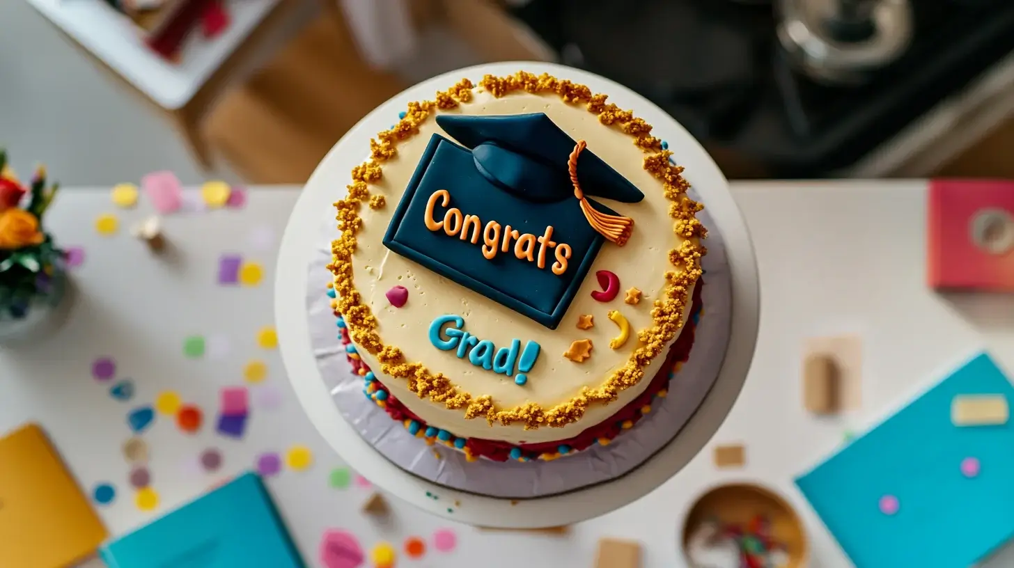 Graduation-themed cake with a fondant cap, diploma, and congratulatory message.