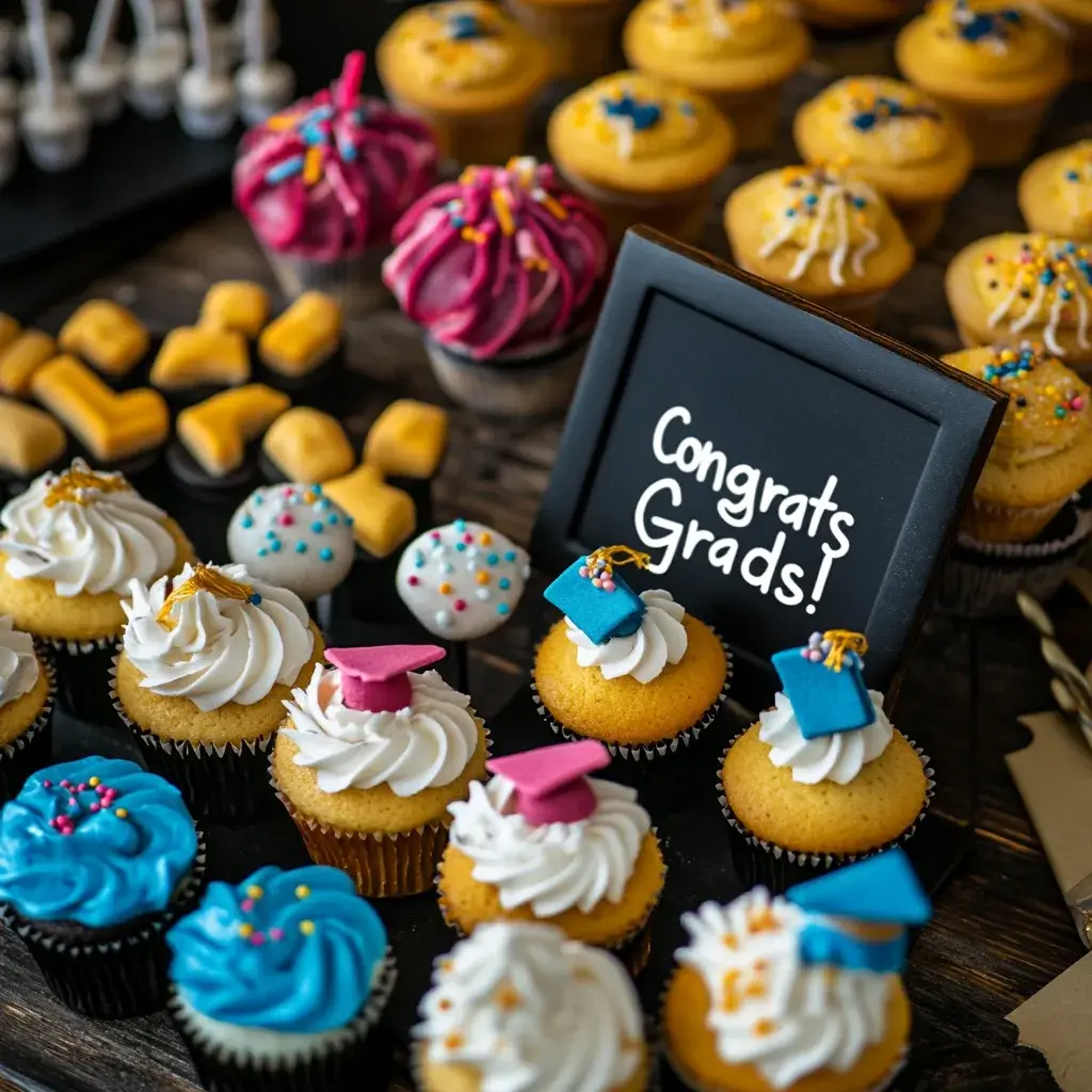 Graduation-themed dessert table with cupcakes, cake pops, and diploma-shaped cookies.