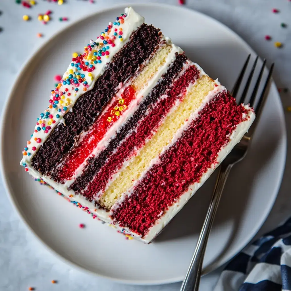 Graduation cake sliced to reveal layers of chocolate, vanilla, and red velvet with buttercream frosting