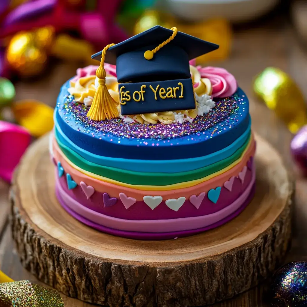 Personalized graduation cake decorated with school colors and a fondant topper.