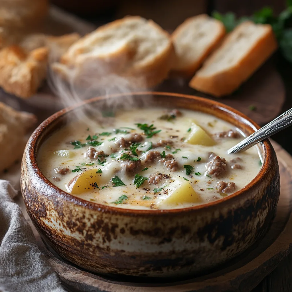 Slow Cooker Hamburger Potato Soup served hot with crusty bread, creamy and cheesy
