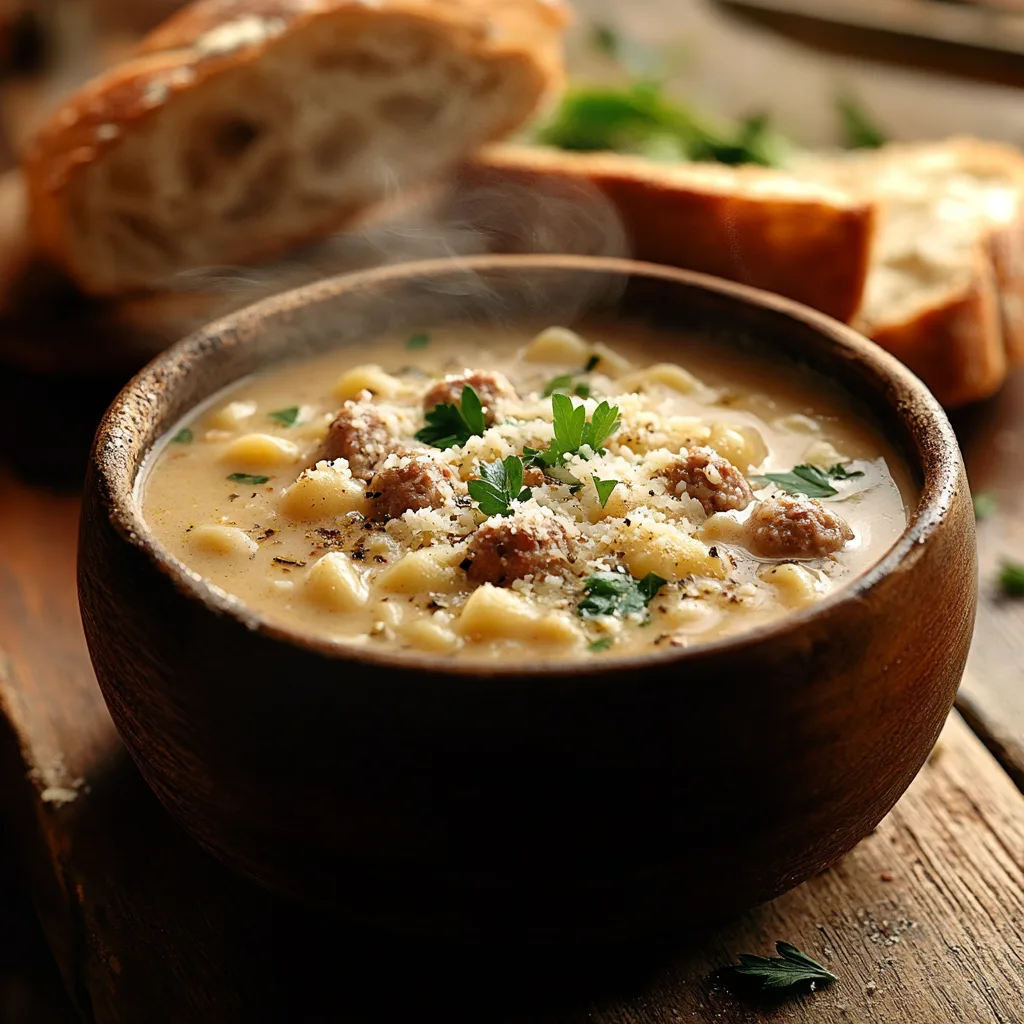 Creamy Parmesan Italian Sausage Ditalini Soup served with crusty bread