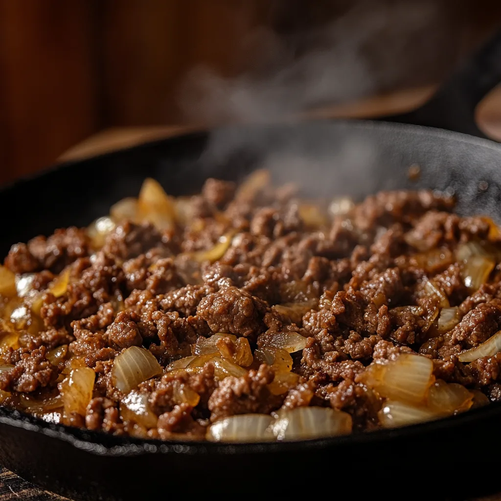 browning-ground-beef-onions-soup-recipe. round beef and onions browning in a skillet for Slow Cooker Hamburger Potato Soup