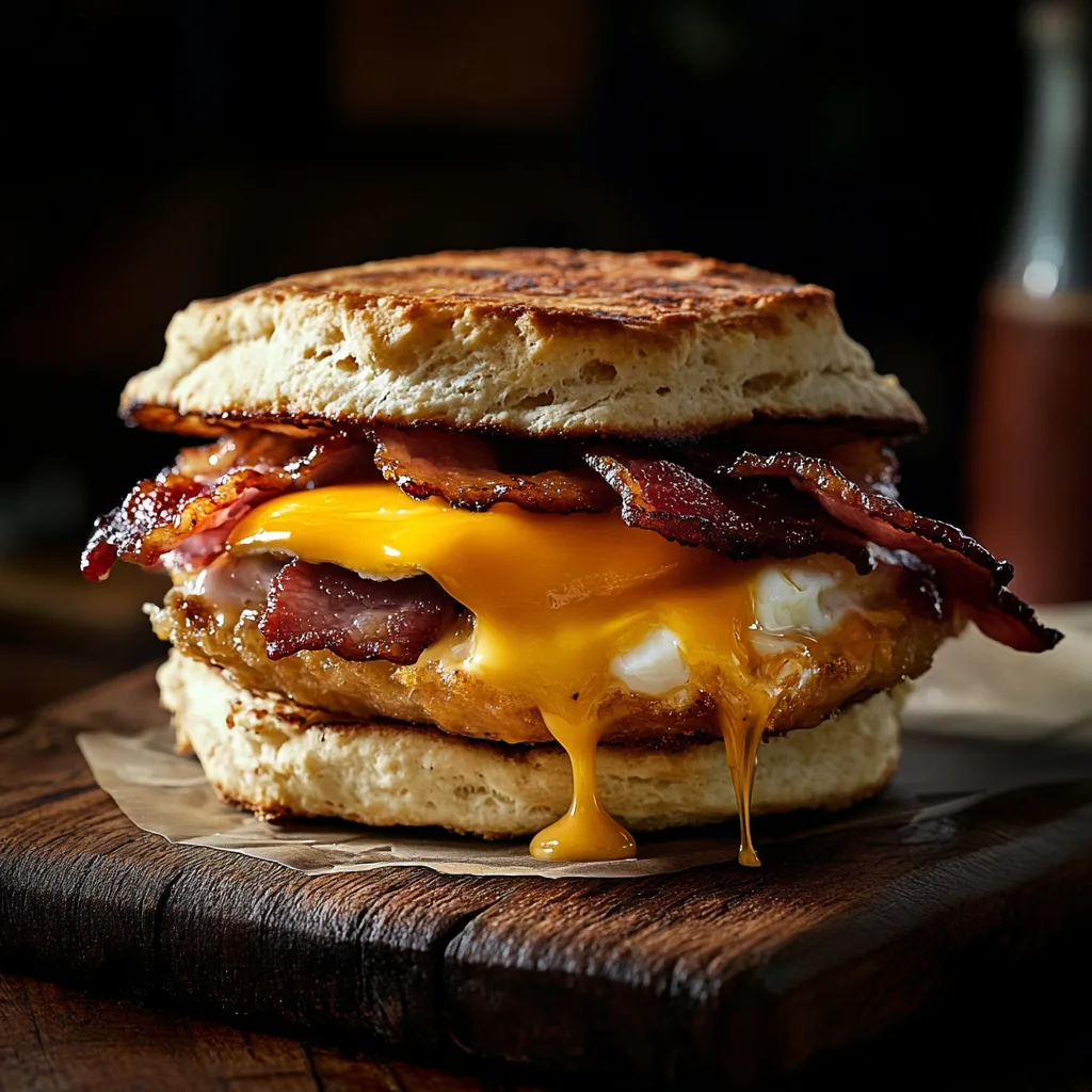 biscuit-breakfast-sandwich-egg-bacon. biscuit breakfast sandwich with bacon and egg
