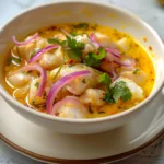 Leche de Tigre recipe with traditional fish, red onions, and cilantro served in a white bowl