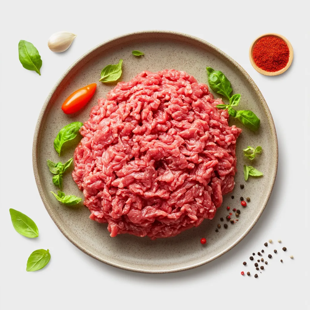 "Ground beef nutrition plate showing cooked lean beef with labels for protein, fat, iron, and vitamin B12"