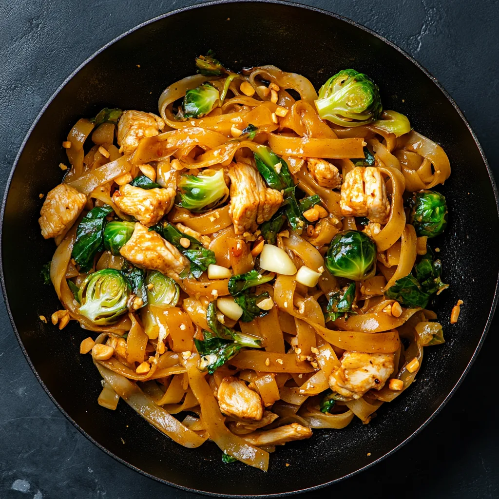 Stir-fried phat si-io noodles with chicken, Brussels sprouts, and garlic in a black wok