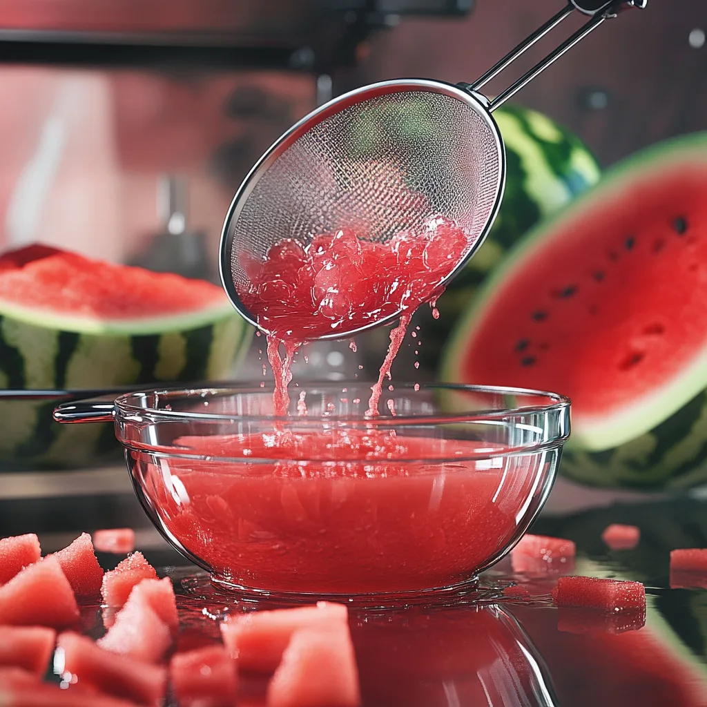 Straining Fresh Watermelon for Homemade Bread Watermelon pulp straining through a sieve with fresh juice in a measuring cup and sliced watermelon in the background