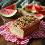 Freshly baked watermelon bread topped with roasted seeds, next to sliced watermelon on a picnic cloth