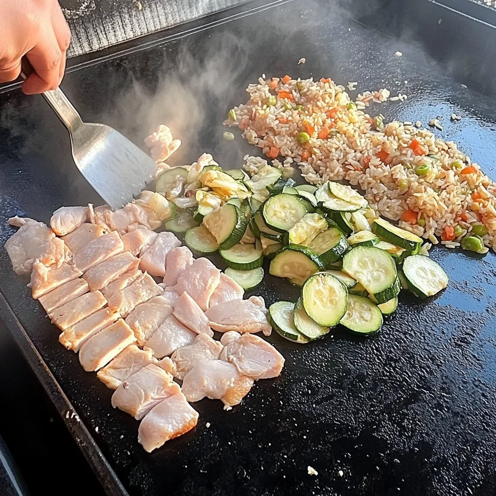 Cooking Hibachi Chicken and Vegetables on a Blackstone Griddle Raw chicken, zucchini, onions, and fried rice cooking on a Blackstone griddle during a homemade hibachi recipe