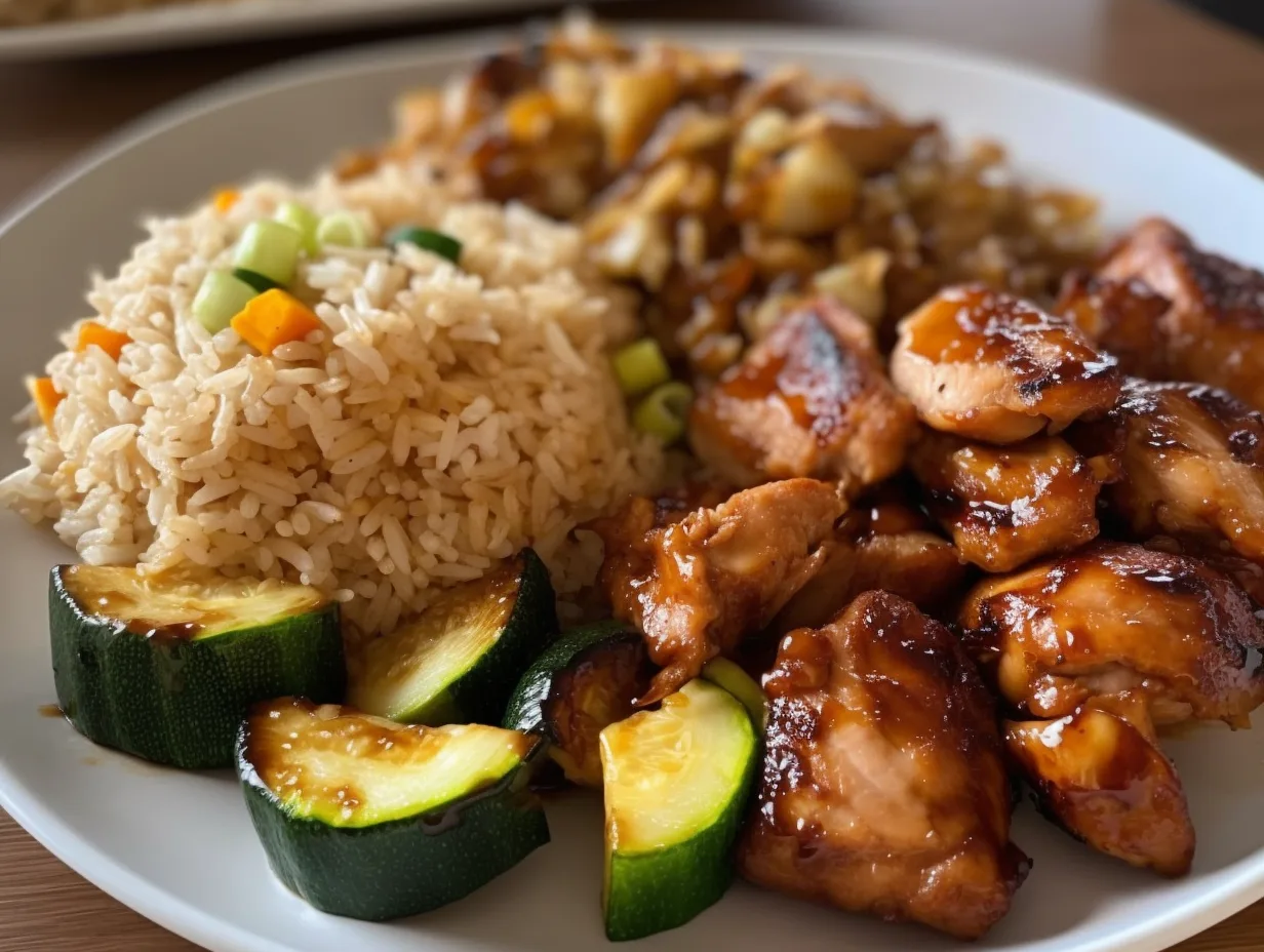 Blackstone Hibachi Chicken with Fried Rice and Vegetables Plate of Blackstone hibachi chicken with sautéed zucchini, onions, and fried rice