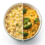 Split bowl of mac and cheese showing a high-calorie cheesy version on one side and a healthier, low-calorie version with vegetables and whole wheat pasta on the other — visual comparison of mac and cheese calories.