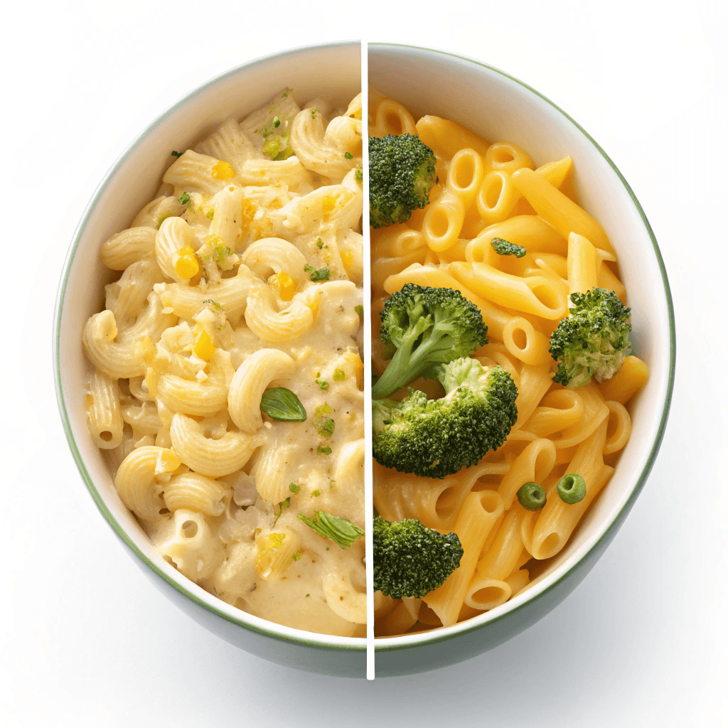 Split bowl of mac and cheese showing a high-calorie cheesy version on one side and a healthier, low-calorie version with vegetables and whole wheat pasta on the other — visual comparison of mac and cheese calories.